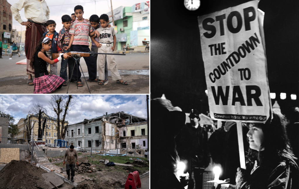 A collage of images showing young children in Yemen playing with a toy gun, a bomb site in Ukraine and a 'stop the war' protester.